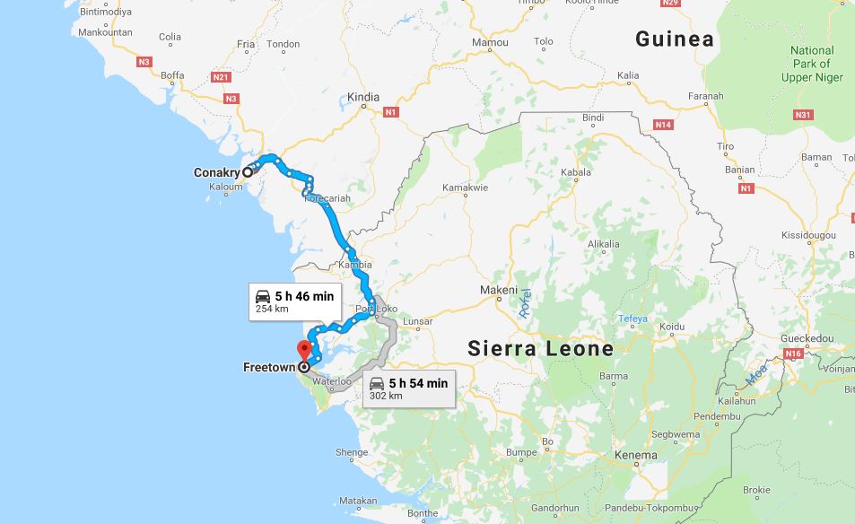 google maps conakry to freetown overland